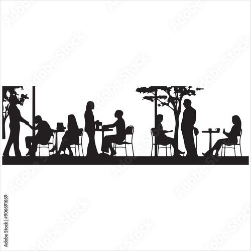 Panorama of silhouettes of people eating food and drink silhouette white background
