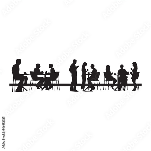 Panorama of silhouettes of people eating food and drink silhouette white background

