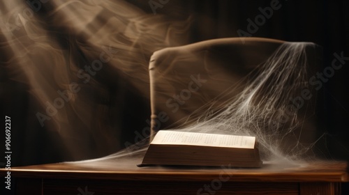 Dusty desk with an ancient, cursed book open, cobwebs hanging. Scary, mysterious, and perfect for a Halloween scene