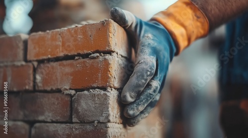 Close-up mason's hand building a brick wall with gloves on a construction site. Concrete, cement mortar mix , exterior house arhitecture design, masonry, stone home structure, laborer, craftsman photo