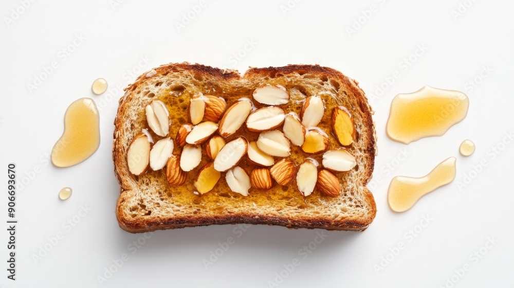 Honey toast garnished with sliced almonds and a drizzle of honey, photographed from above on a white background. Honey toast garnished with sliced almonds and a drizzle of honey, photographed from above on a white background.