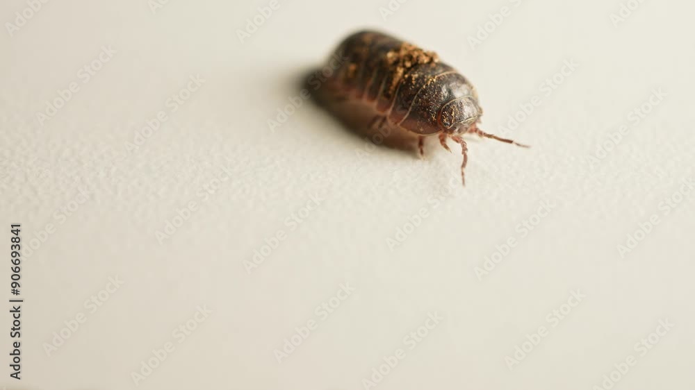 Common pill woodlouse or roly-poly slater and doodle bug moving. Also called pill bug or potato bug. Halloween shot of the insect like arthropod. Entomophobia phobia of bugs and insects, horror.