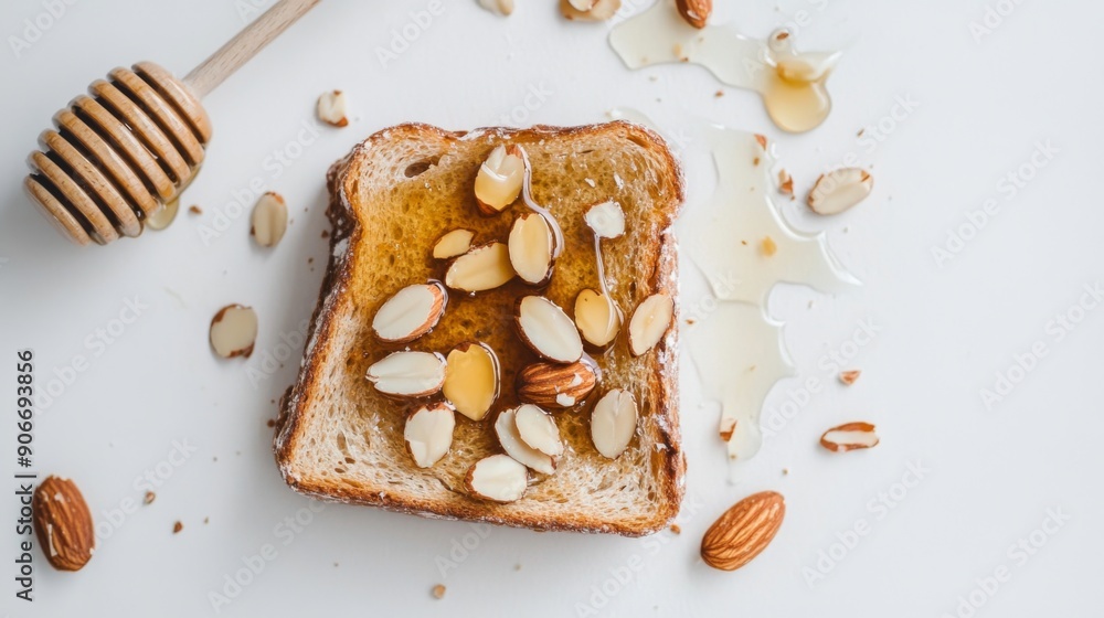 Honey toast garnished with sliced almonds and a drizzle of honey, photographed from above on a white background.