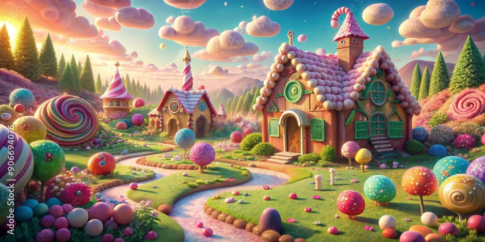 Candy Land Village A whimsical 3D illustration of a magical village filled with candy houses, lollipop trees, and candy-coated clouds., Candy Land, Sweet Dreams , Whimsical , Fantasy Candy Land Village A whimsical 3D illustration of a magical village filled with candy houses, lollipop trees, and candy-coated clouds., Candy Land, Sweet Dreams , Whimsical , Fantasy