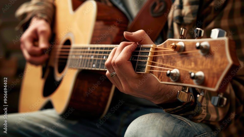 Fototapeta premium Person playing an acoustic guitar, with the focus on the hands and instrument