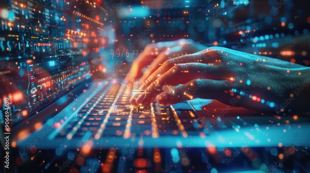 Close-up of businessperson's hands typing on laptop, overlaid with digital data streams and binary code. Close-up of businessperson's hands typing on laptop, overlaid with digital data streams and binary code.