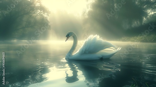 A serene swan gliding gracefully on calm waters, surrounded by mist and soft morning light. photo