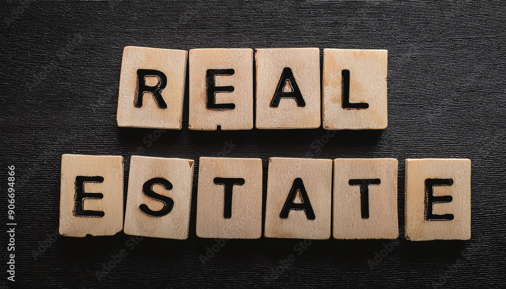 Fototapeta premium REAL ESTATE text made of wooden letters on black background. Sale and rent property concept.