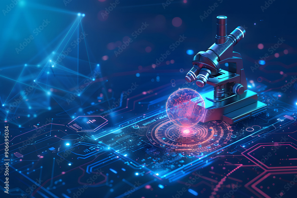 Digital microscope with binary code, AI in scientific research, image analysis algorithms, pattern recognition for biological samples, data interpretation for enhanced microscopy techniques design Digital microscope with binary code, AI in scientific research, image analysis algorithms, pattern recognition for biological samples, data interpretation for enhanced microscopy techniques design