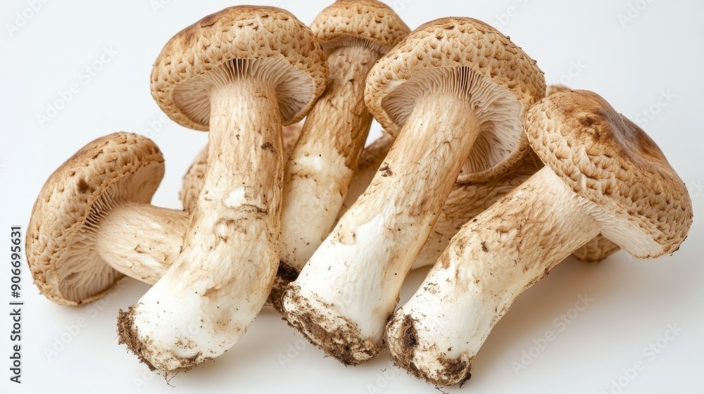 Matsutake mushrooms displayed in a natural arrangement, showcasing their unique features on a white background. Matsutake mushrooms displayed in a natural arrangement, showcasing their unique features on a white background.