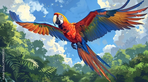 A vibrant parrot soars majestically above a lush jungle, showcasing its stunning colors against a bright blue sky. photo