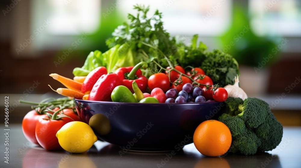 Colorful fresh vegetables and fruits in a bowl on a kitchen counter Colorful fresh vegetables and fruits in a bowl on a kitchen counter