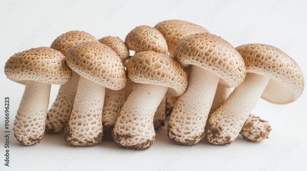 Matsutake mushrooms displayed in an artistic arrangement, highlighting their unique features on a white background.