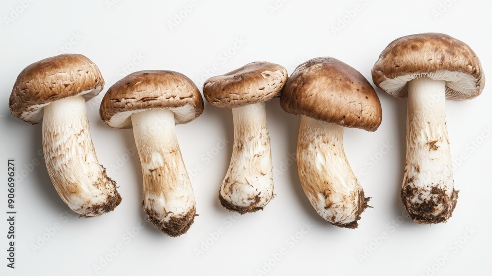 Matsutake mushrooms displayed in an artistic arrangement, highlighting their unique features on a white background. Matsutake mushrooms displayed in an artistic arrangement, highlighting their unique features on a white background.