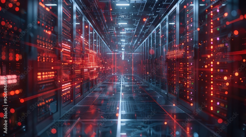 Modern Data Center with Futuristic Server Racks and Red LED Lights in a High-Tech Environment