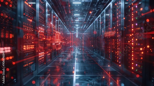 Modern Data Center with Futuristic Server Racks and Red LED Lights in a High-Tech Environment