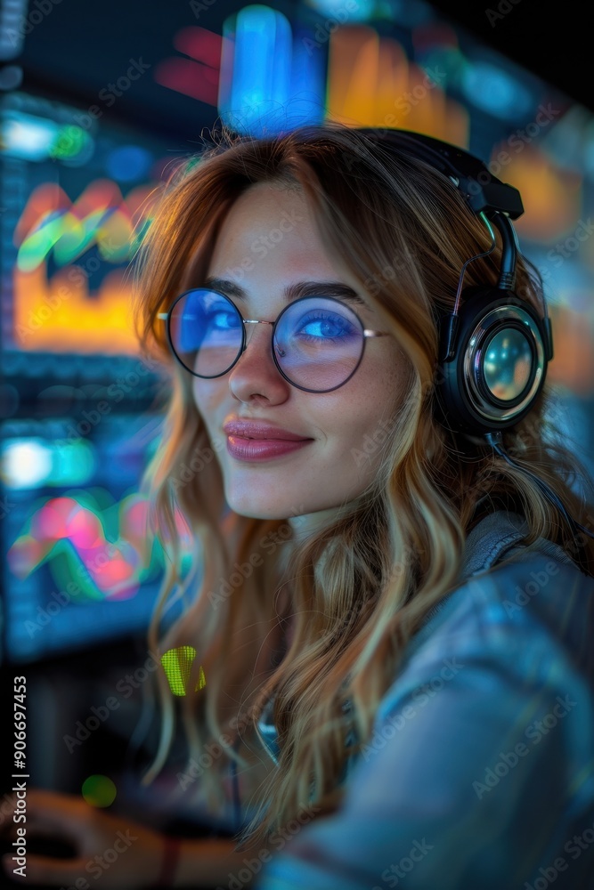 Young Woman with Headphones and Glasses Smiling in Front of Multiple Computer Screens with Colorful Graphs and Data Young Woman with Headphones and Glasses Smiling in Front of Multiple Computer Screens with Colorful Graphs and Data