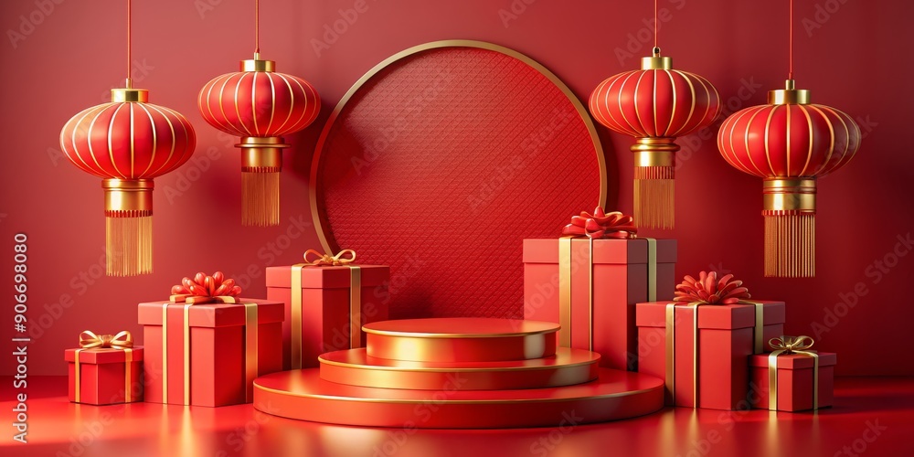 Red and Gold Festive Podium with Lanterns and Gift Boxes, 3D Render, Product Display, Chinese New Year, Lunar New Year, Festival, Celebration Red and Gold Festive Podium with Lanterns and Gift Boxes, 3D Render, Product Display, Chinese New Year, Lunar New Year, Festival, Celebration