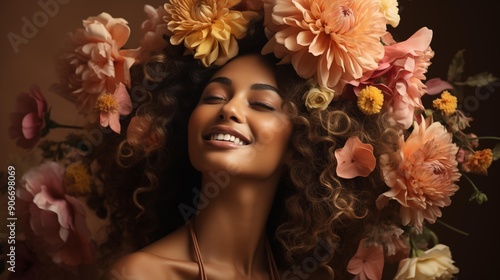 A woman with a flower crown on her head is smiling