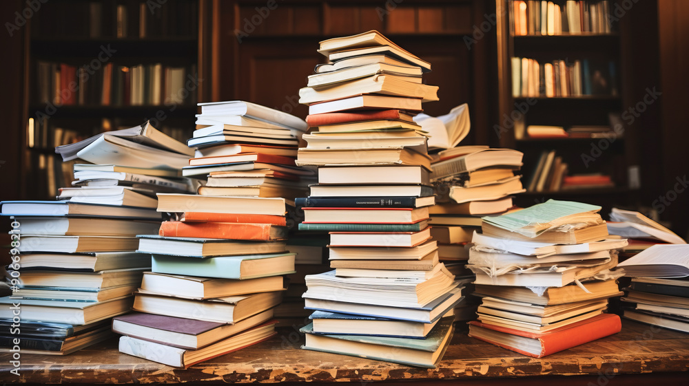 stack of old books on the table created with Generative AI technology stack of old books on the table created with Generative AI technology