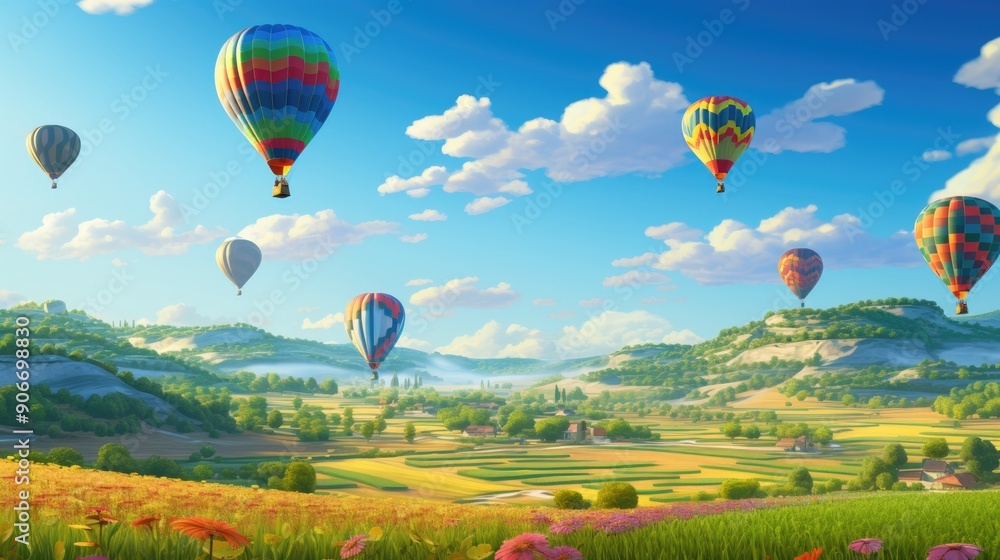 Naklejka premium Colorful hot air balloons over patchwork fields
