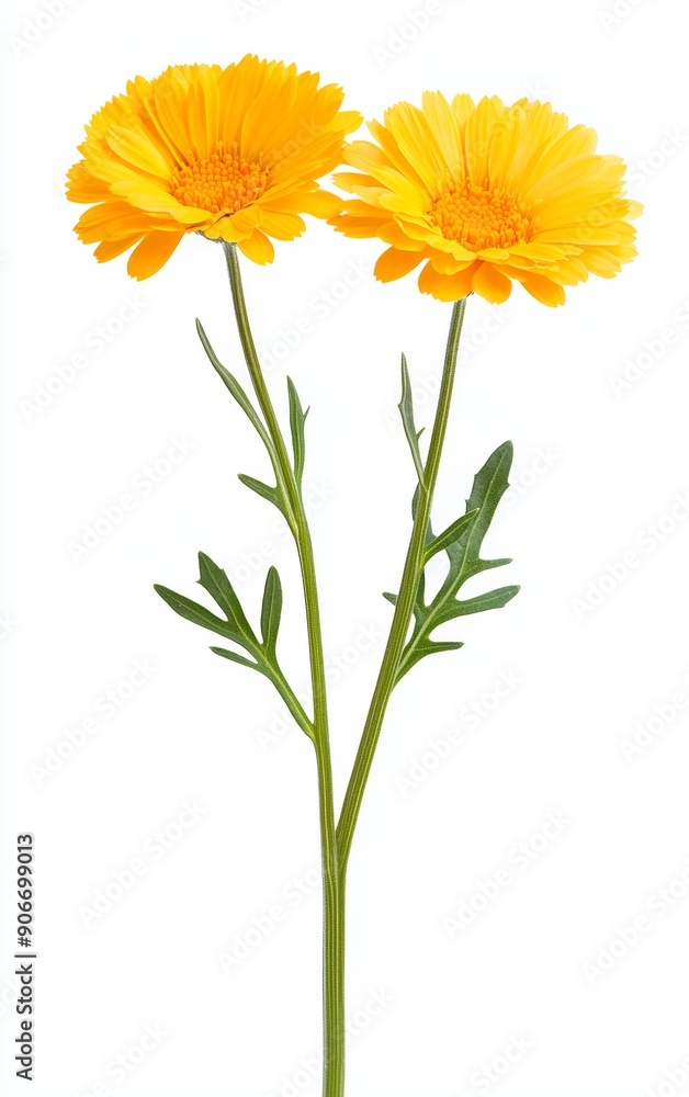 Naklejka premium Two vibrant yellow flowers with green stems, perfect for adding a touch of color and beauty to any floral composition.