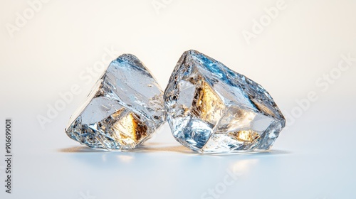 Two sparkling crystals with a reflective surface, showcasing clarity and brilliance against a light background. photo