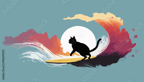 Eine Katze beim Surfen. Eine Vektor - Grafik für soziale Medien, Logo, Icon u. s. w.