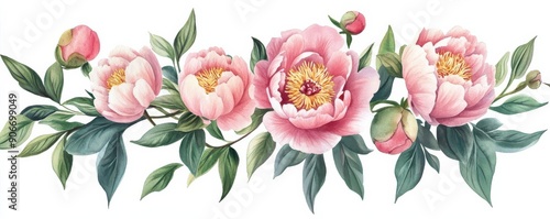 Elegant watercolor arrangement of pink peonies in delicate and romantic floral illustration for spring bloom botanical art