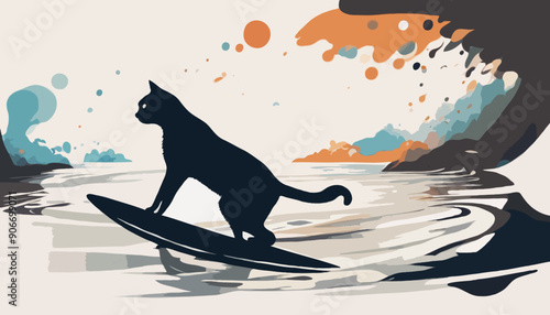 Eine Katze beim Surfen. Eine Vektor - Grafik für soziale Medien, Logo, Icon u. s. w.