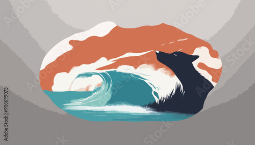 Ein Hund beim Surfen. Eine Vektor - Grafik für soziale Medien, Logo, Icon u. s. w.