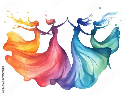 Graceful women in long flowing gowns dance together in an ethereal watercolor scene, expressing joy and connection in movement