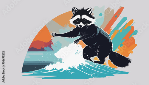 Ein Waschbär beim Surfen. Eine Vektor - Grafik für soziale Medien, Logo, Icon u. s. w.