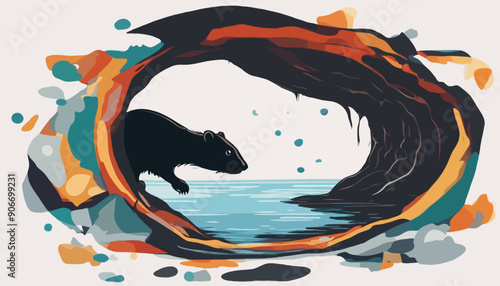 Eine Bisamratte beim Surfen. Eine Vektor - Grafik für soziale Medien, Logo, Icon u. s. w.