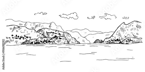 Lake in the mountains vector sketch illustration. Hand drawn landscape Italian or Swiss resort Lombardia, Piemonte e Ticino. Tourism and journey in Europe. Background for card, poster, paper, sign  