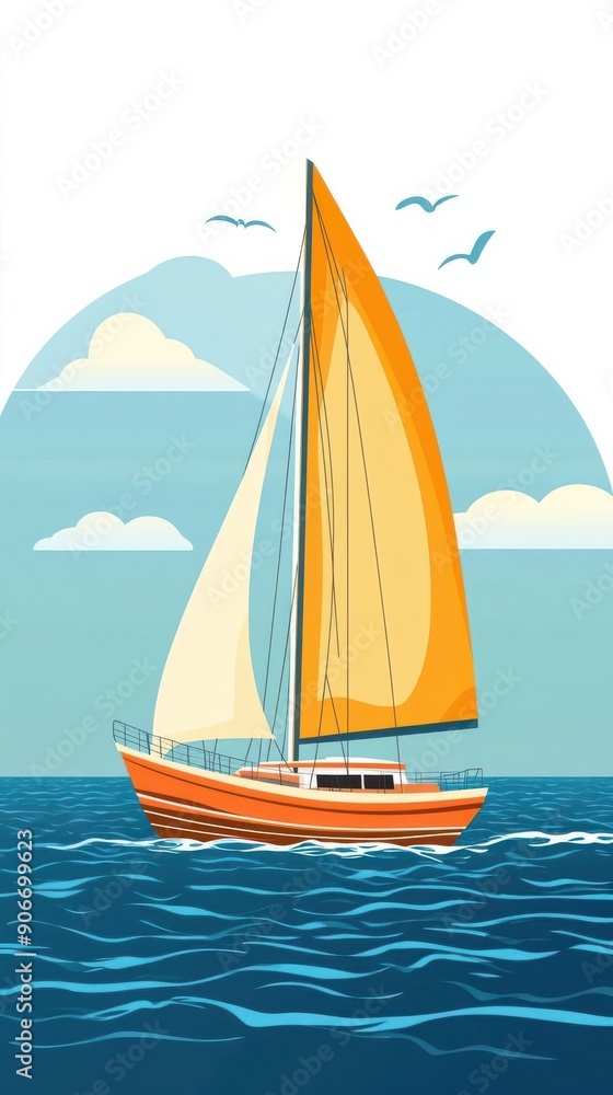 Fototapeta premium Illustration of a vibrant boat sailing on a beautiful ocean under a clear blue sky for a perfect summer vacation experience