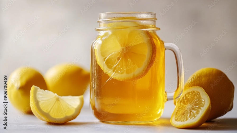 Refreshing honey lemon juice in a glass jar with lemon wedges, set against a bright Refreshing honey lemon juice in a glass jar with lemon wedges, set against a bright