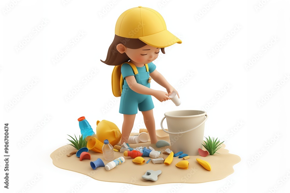 Girl picking up trash on beach, child with yellow cap and backpack, collecting plastic waste, environmental cleanup, cartoon style, on a white background
Girl picking up trash on beach, child with yellow cap and backpack, collecting plastic waste, environmental cleanup, cartoon style, on a white background