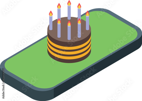 Chocolate cake with burning candles is displaying on smartphone screen, online birthday party concept