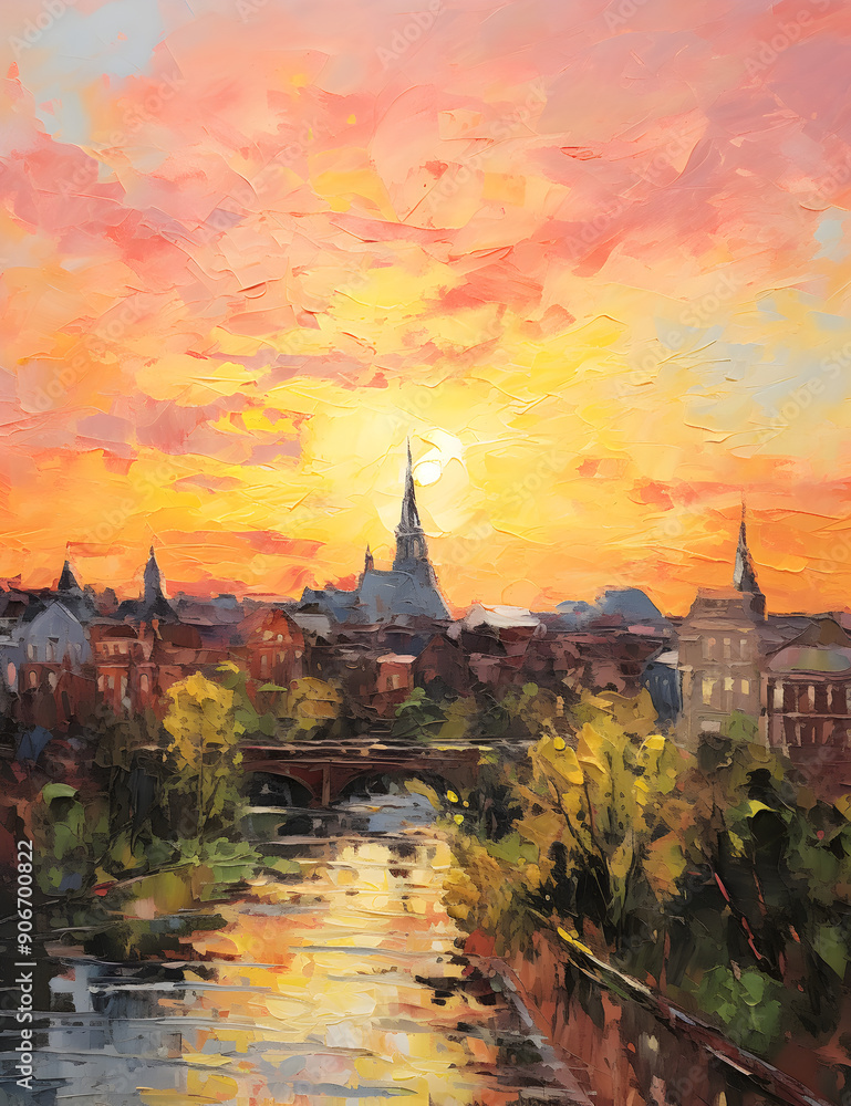 Obraz premium Berlin Sunset Splendor - Palette Knife Painting, A stunning palette knife painting capturing the vibrant colors of a sunset over Berlin with its iconic cityscape, showcasing rich textures, brushstroke