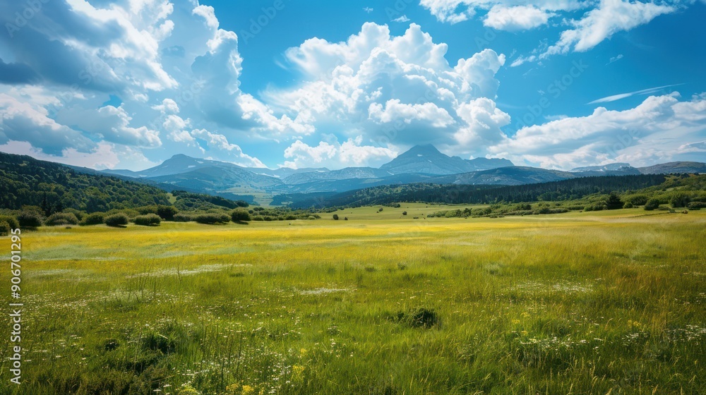 Fototapeta premium Natural landscape with fields, trees, and mountains in the background. under the sky