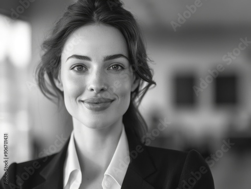 A professional woman in a suit standing in front of a cityscape, offering a briefcase to someone off-camera