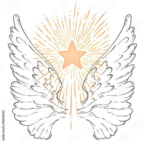 Angel girl with wings, cross, roses and halo. Isolated hand drawn vector illustration. Trendy Vintage style element. Spirituality, occultism, alchemy, magic.