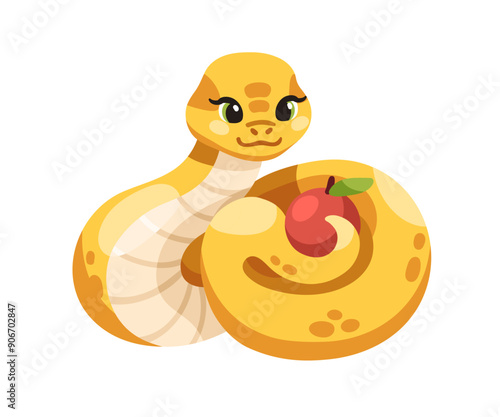 Snake with red apple. Cute funny comic character holding forbidden fruit in t...