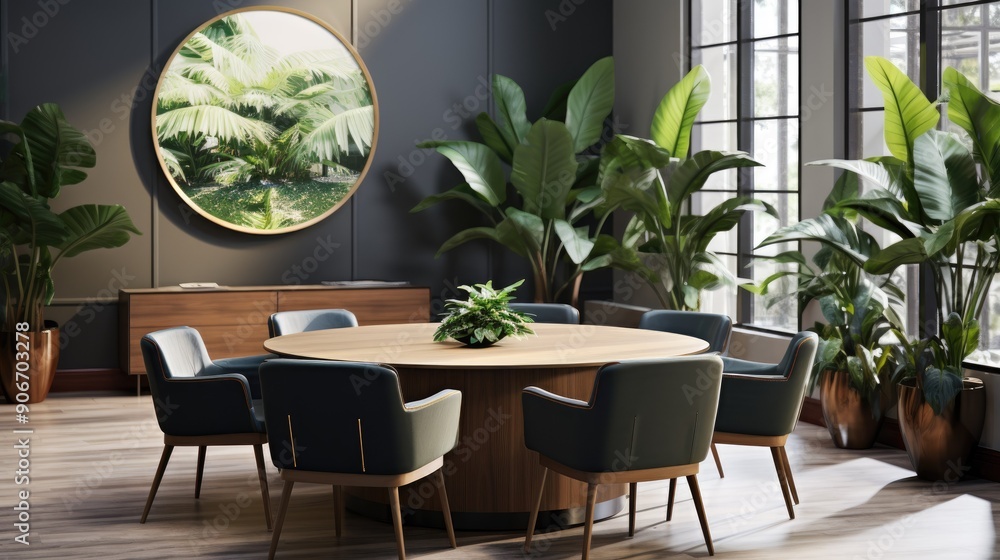 Fototapeta premium Contemporary meeting space with a circular table and a large plant in the corner