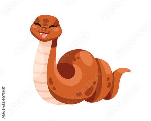 Happy laughing snake. Cute funny comic python, viper with joyful smile, excit...