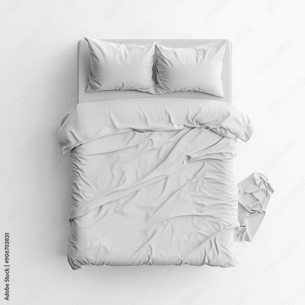 Set in a modern bedroom in which the bed is unmade, the bedding is neutral coloured, and there are cut-outs for decoration