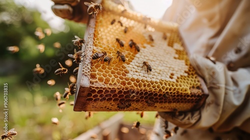 Beekeeper holding a beehive frame with bees flying around