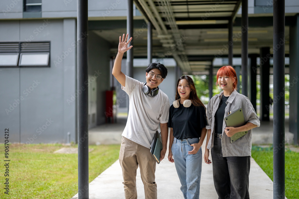 Obraz premium Three young people are walking down a hallway, one of them waving