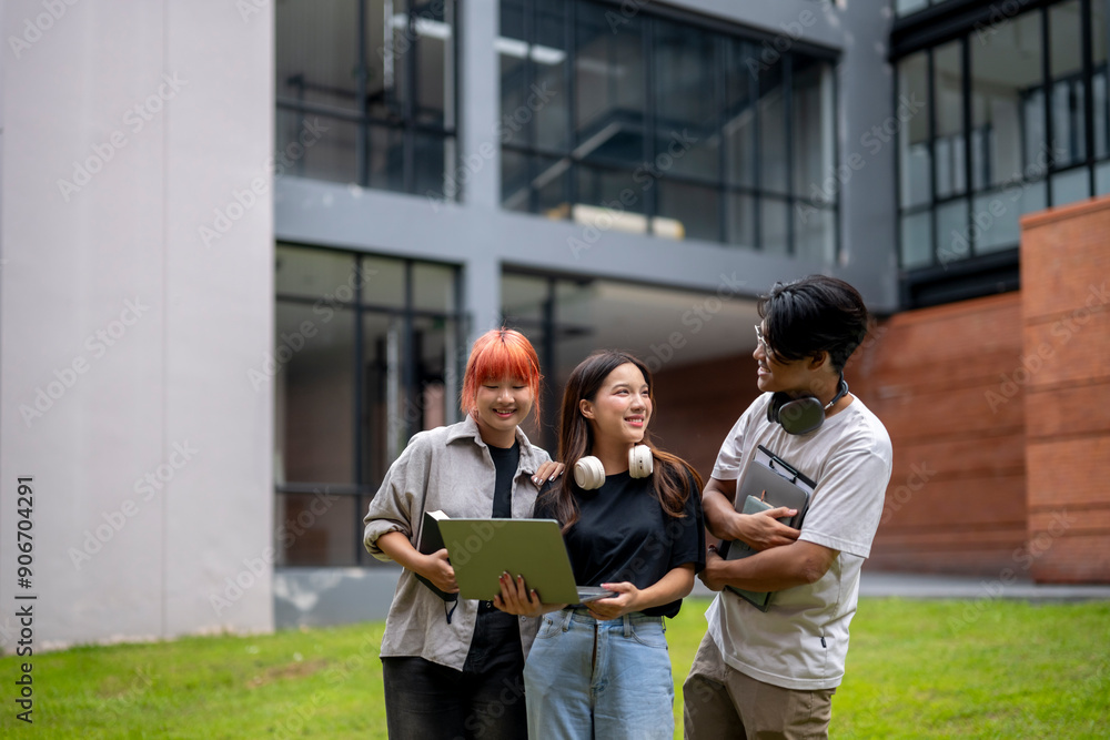 Obraz premium Three young people are standing in a grassy area, one of them holding a laptop